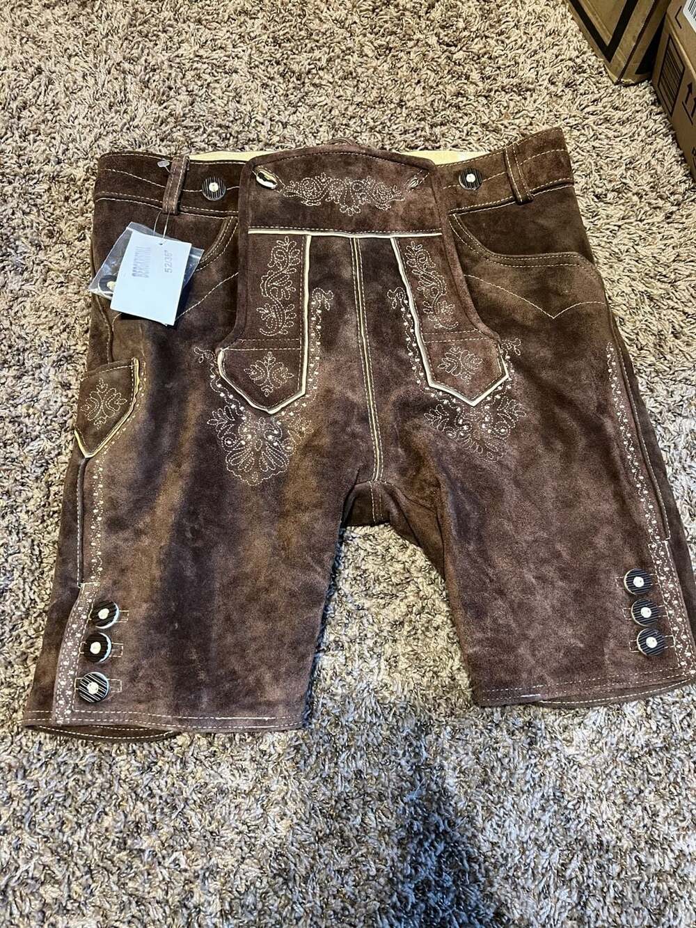 Lederhosen4U Bergkristall Dark Brown Embroiderd Suede Lederhosen Men's Size 52/3